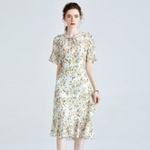 Floral pure silk Dress For womens Short Sleeve Summer Party Silk Dress